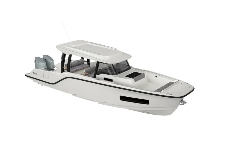 Slide: The Image of Aiata Wayfinder 38 Suntop 2026, modern motorboat design. - 24