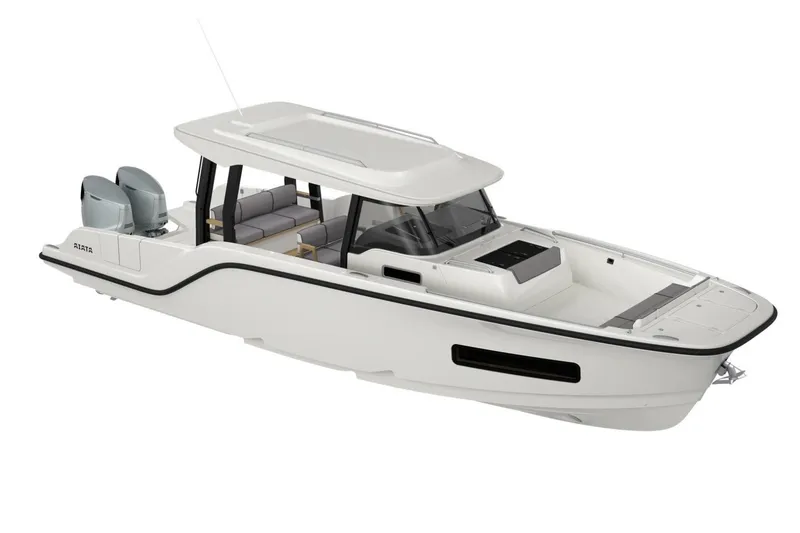Slide: The Image of Aiata Wayfinder 38 Suntop 2026, modern motorboat design. - 4