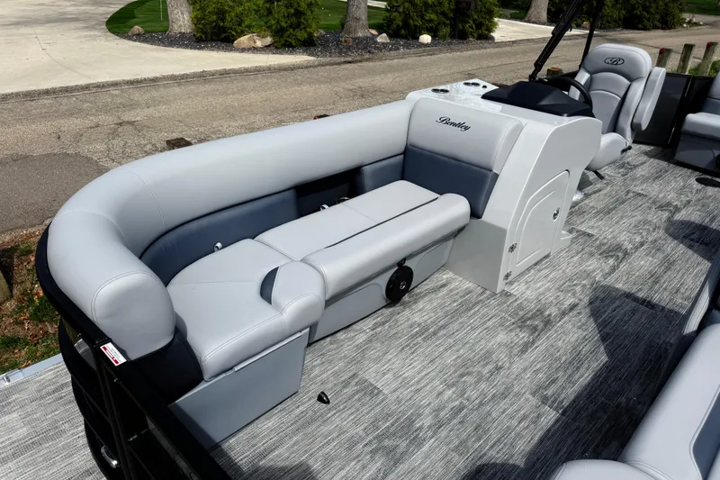 Slide: The Image of 2026 Bentley Pontoons Legacy 220 Cruise XL interior with luxurious seating and modern design. - 7