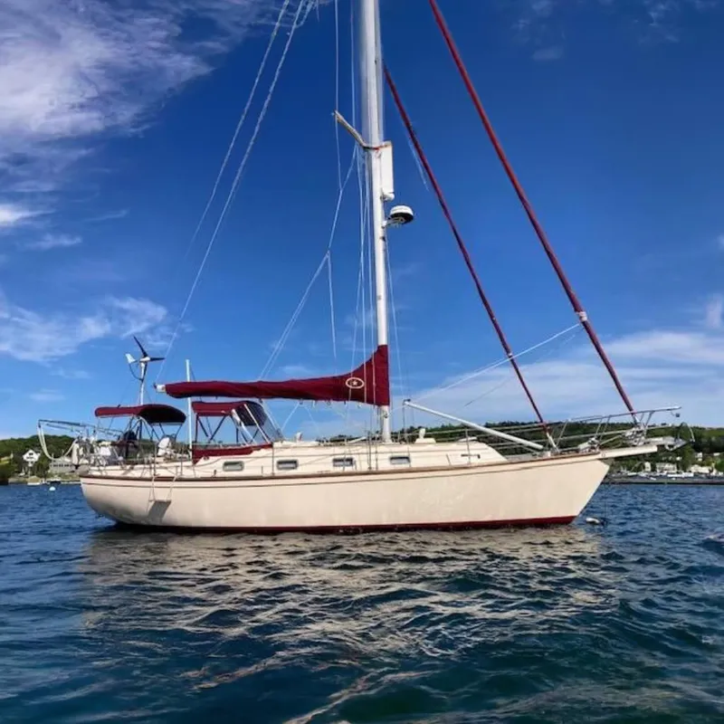 The Image of 1995 Island Packet 37 sailboat with maroon sails on calm water under blue sky. - 0