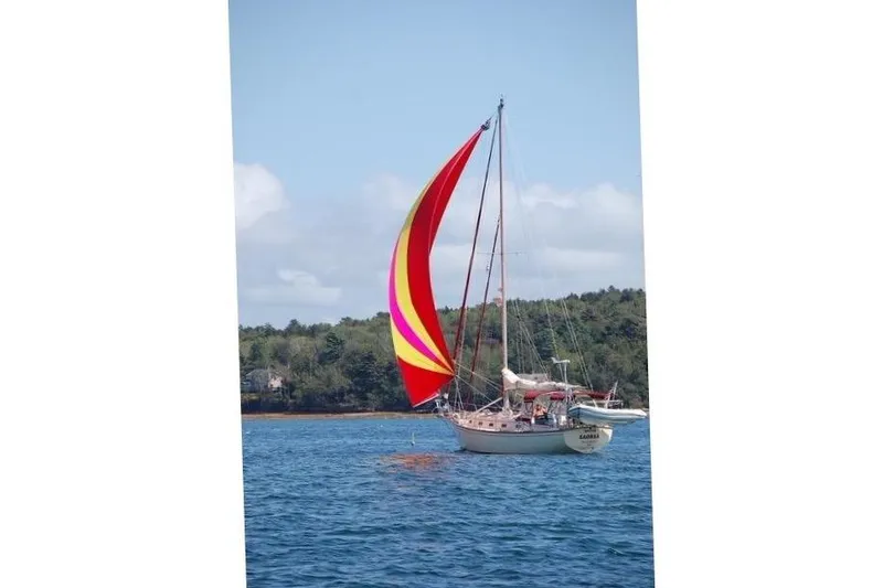 Slide: The Image of Sailing yacht Island Packet 37 (1995) with vibrant red and yellow spinnaker on open water. - 9