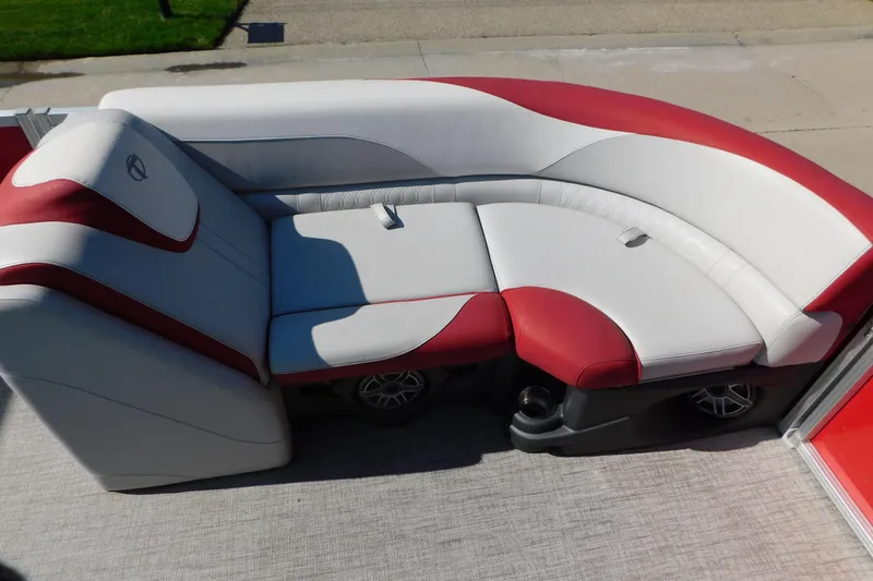 Slide: The Image of 2023 Tahoe Pontoon 2385 LTZ Quad Lounger with red and white seating. - 34