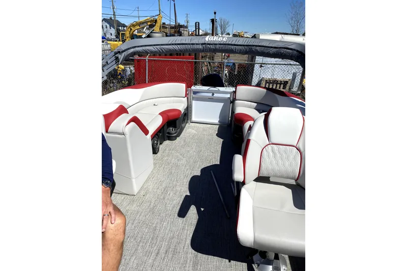 Slide: The Image of 2023 Tahoe Pontoon 2385 Cascade Quad Lounger with red and white seating. - 5