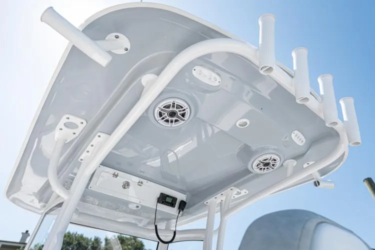 Slide: The Image of Manufacturer Provided Image: 2020 Sportsman Open 282 Center Console boat T-top with rod holders and speakers. - 24