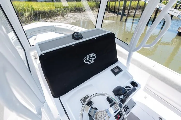 Slide: The Image of Manufacturer Provided Image: 2020 Sportsman Open 282 Center Console boat helm station with steering wheel and controls. - 34