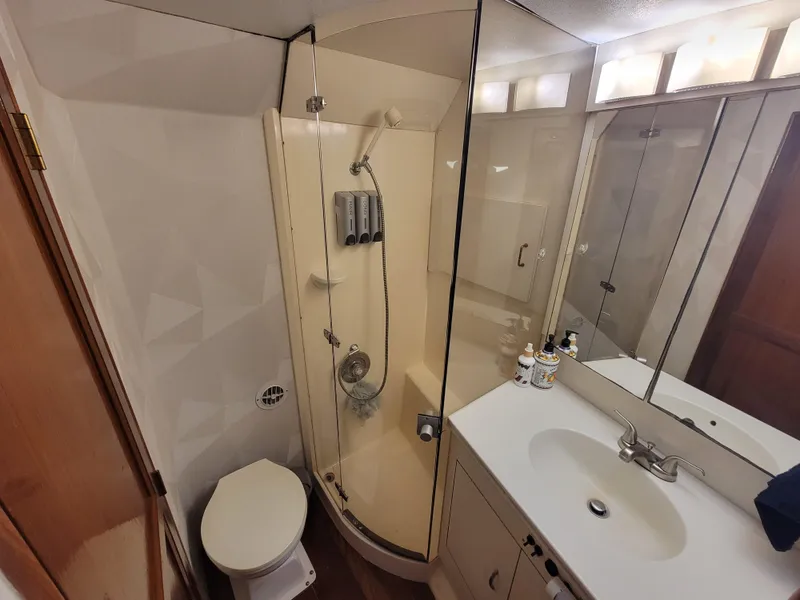 Slide: The Image of Bathroom of a 1991 Ocean Yachts 42 Super Sport with shower, sink, and toilet. - 17