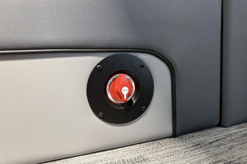 Slide: The Image of 2026 Bentley Pontoons Elite 223 Admiral interior detail with red valve on gray upholstery. - 15