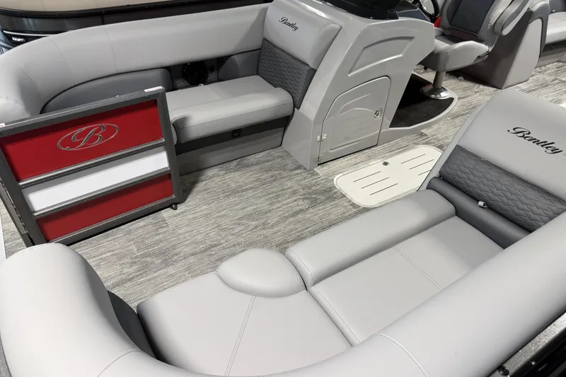 Slide: The Image of Interior of 2026 Bentley Pontoons Elite 223 Admiral with luxurious seating and modern design. - 3