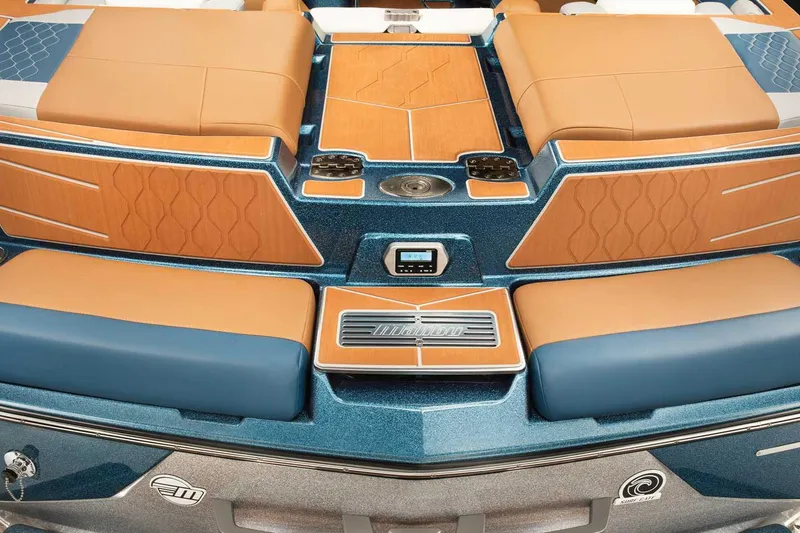 Slide: The Image of 2022 Malibu M220 boat interior with sleek design and modern detailing. - 13