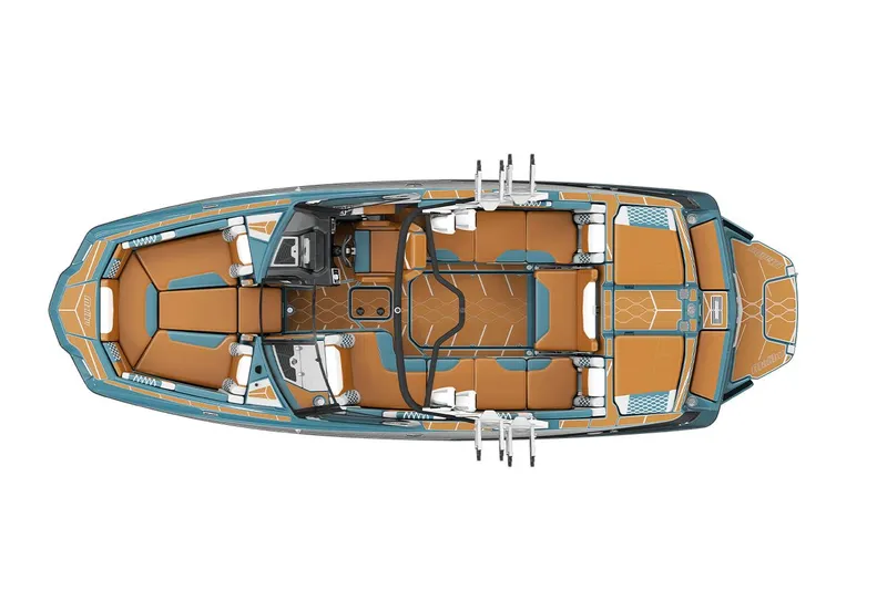 Slide: The Image of Manufacturer Provided Image: Top view of a 2022 Malibu M220 boat with tan and blue interior. - 73
