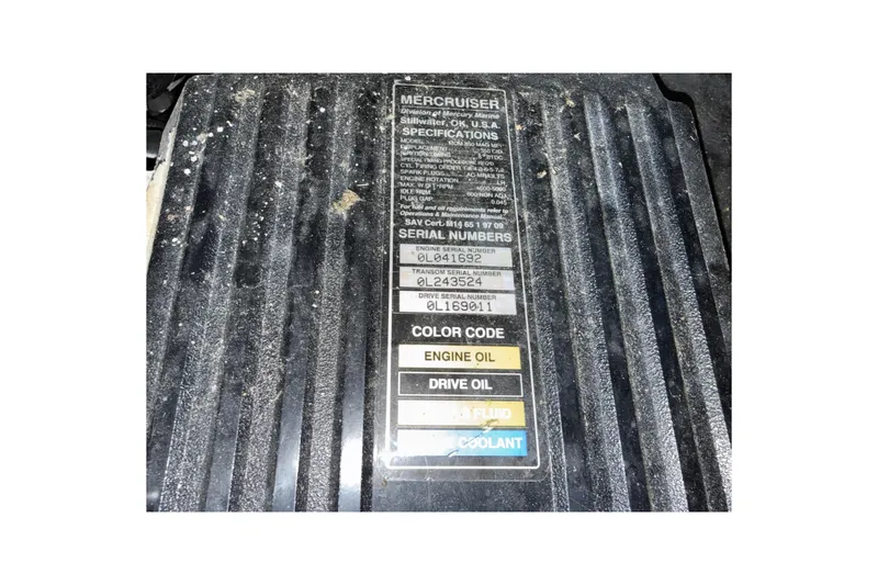 Slide: The Image of 1998 Cobalt 293 engine specifications label with serial numbers and fluid color codes. - 37