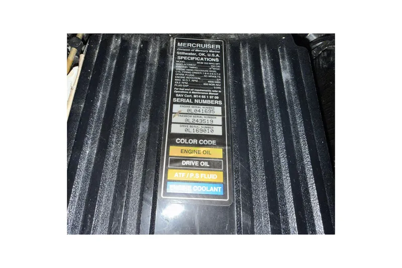 Slide: The Image of MerCruiser engine specifications label on 1998 Cobalt 293 boat, showing serial numbers and color codes. - 38