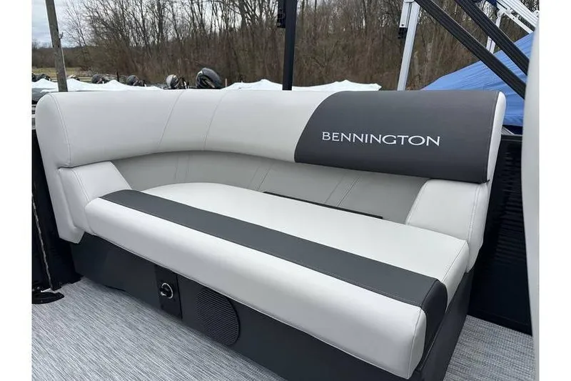 Slide: The Image of 2026 Bennington 20 SSR Quad Bench Tritoon interior seating with Yamaha 115 HP engine. - 24