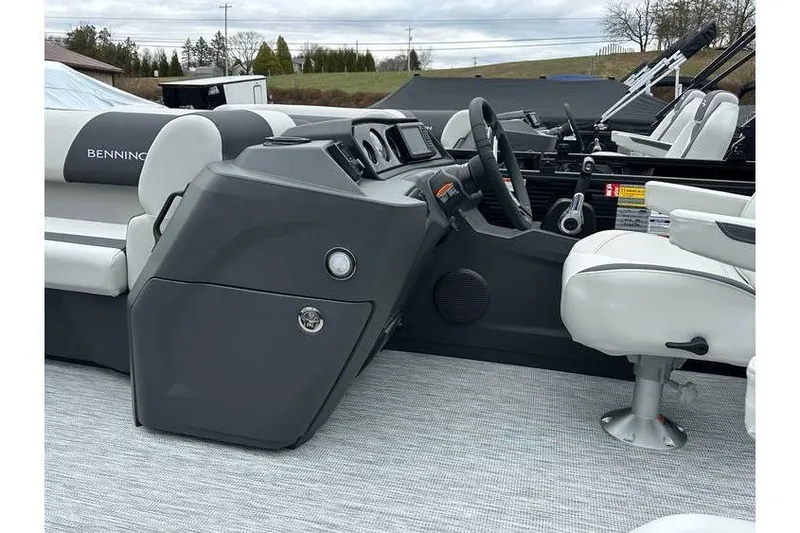 Slide: The Image of 2026 Bennington 20 SSR Quad Bench Tritoon interior with Yamaha 115 HP engine. - 34
