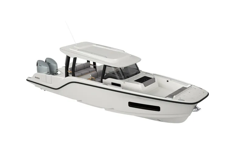 Slide: The Image of Aiata Wayfinder 38 Suntop 2026, modern motorboat design. - 24