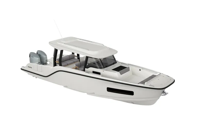 Slide: The Image of Aiata Wayfinder 38 Suntop 2026, modern motorboat design. - 24