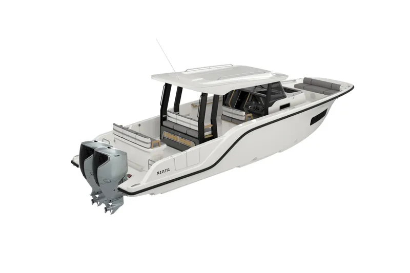 Slide: The Image of 2026 Aiata Wayfinder 38 Suntop boat with dual outboard motors, sleek design, and spacious seating. - 20