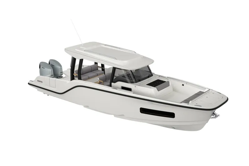 Slide: The Image of Aiata Wayfinder 38 Suntop 2026, modern motorboat design. - 24
