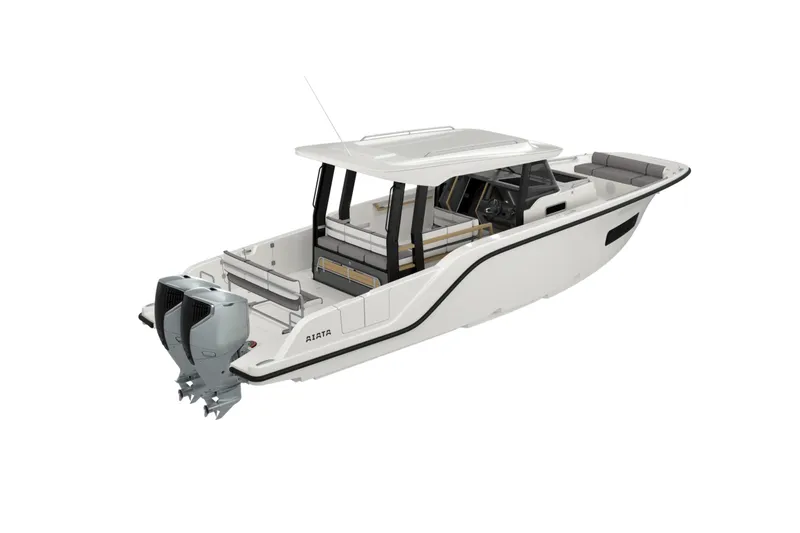 Slide: The Image of 2026 Aiata Wayfinder 38 Suntop boat with dual outboard motors, sleek design, and spacious deck. - 19
