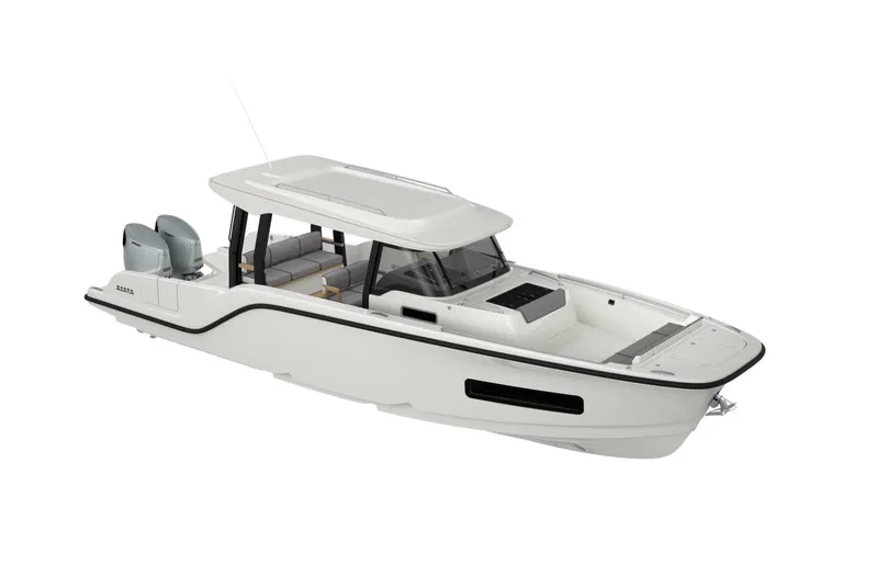 Slide: The Image of Aiata Wayfinder 38 Suntop 2026, modern motorboat design. - 24