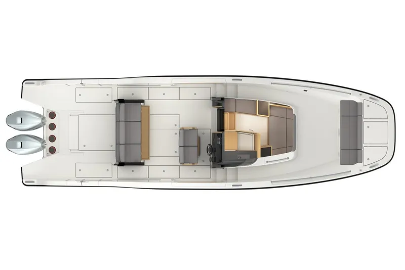 Slide: The Image of Aiata Wayfinder 38 Suntop 2026, modern boat layout from above. - 6