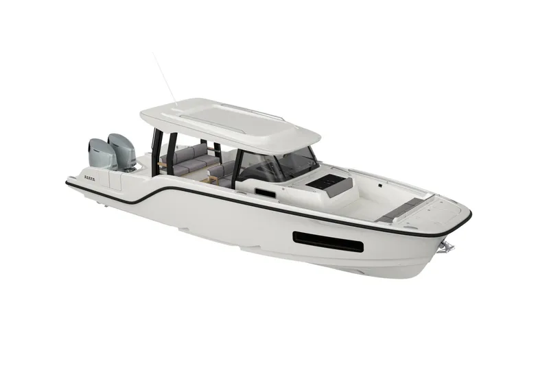 Slide: The Image of Aiata Wayfinder 38 Suntop 2026, modern motorboat design. - 24