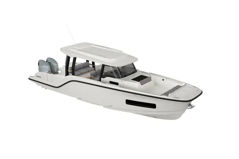 Slide: The Image of Aiata Wayfinder 38 Suntop 2026, modern motorboat design. - 24