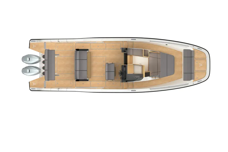 Slide: The Image of Top view of 2026 Aiata Wayfinder 38 Suntop boat with dual engines and spacious deck layout. - 27