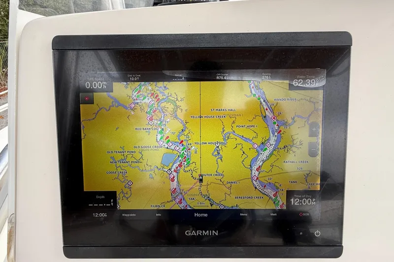 Slide: The Image of Garmin GPS display on 2020 Edgewater 208CC boat, showing detailed nautical map. - 12