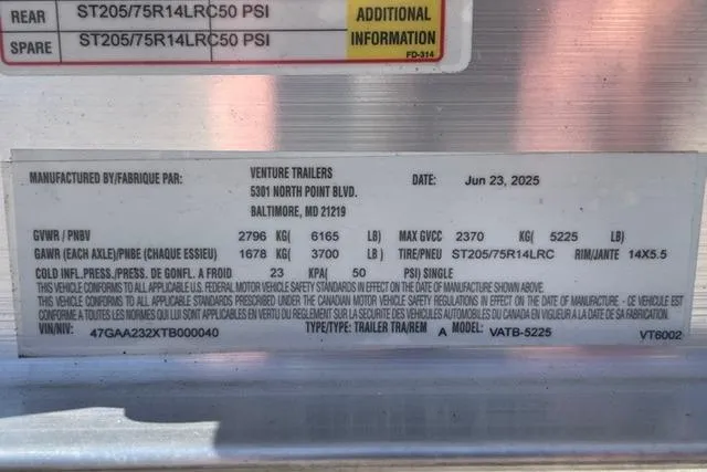 Slide: The Image of Trailer label with specifications, including GVWR, tire size, and manufacturing details. Edgewater 208CC 2020. - 42