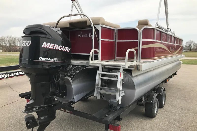 Slide: The Image of 2008 South Bay 822CR TT pontoon boat with Mercury OptiMax 200 engine on trailer. - 4