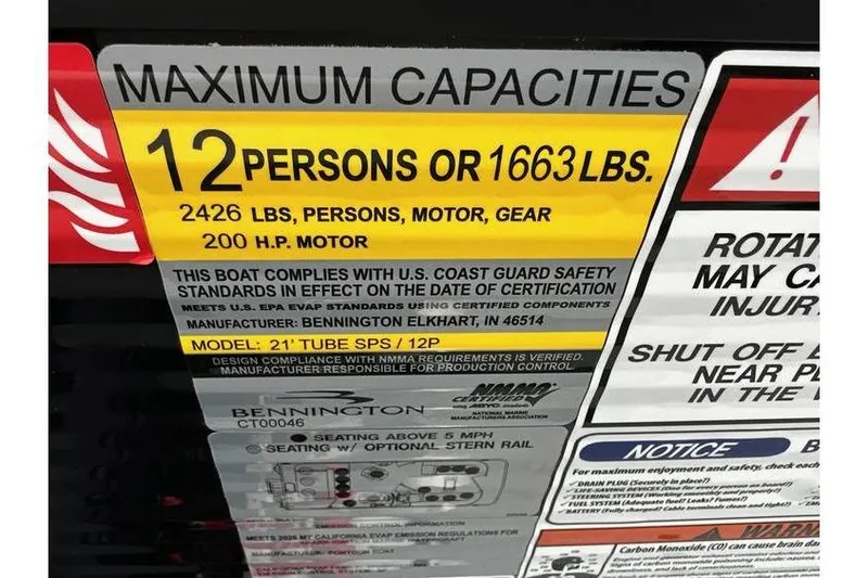 Slide: The Image of Capacity label for Bennington 22 SSB Tritoon, 12 persons or 1663 lbs, 200 HP motor. - 25