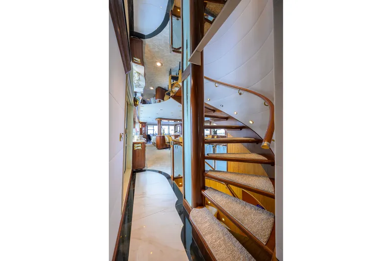 Slide: The Image of Luxurious interior staircase of 2003 Cheoy Lee Trideck yacht with elegant wood finish. - 42