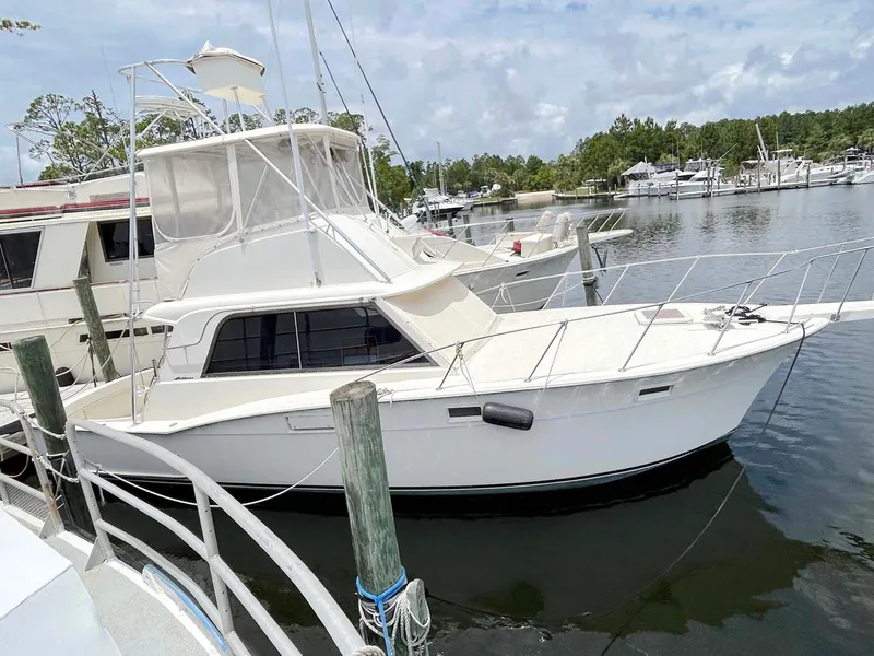 The Image of 1975 Hatteras 36 Convertible yacht docked at a marina, surrounded by calm waters. - 1