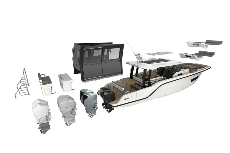 Slide: The Image of Exploded view of 2026 Aiata Wayfinder 38 boat with components and engines displayed. - 8