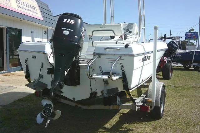 Slide: The Image of 2010 Sea Fox 187 Center Console boat on trailer, rear view with outboard motor. - 6