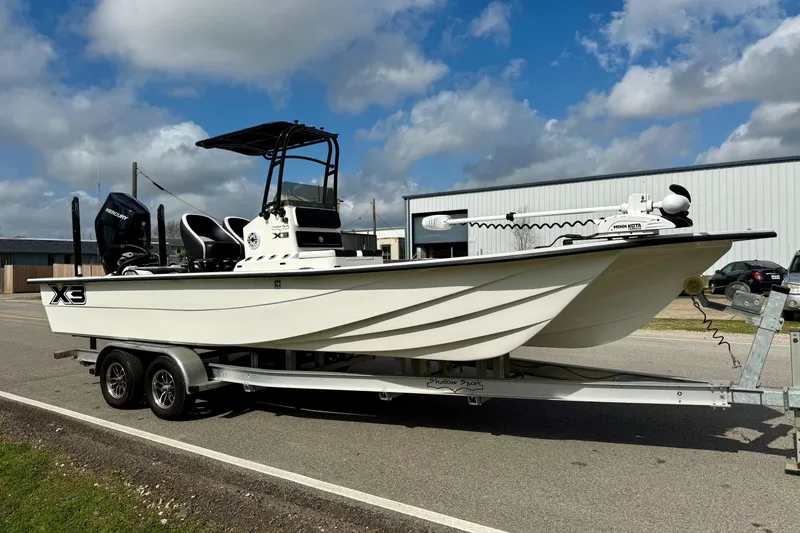 Slide: The Image of 2025 Shallow Sport boat on trailer, featuring X3 model design, parked outdoors. - 5