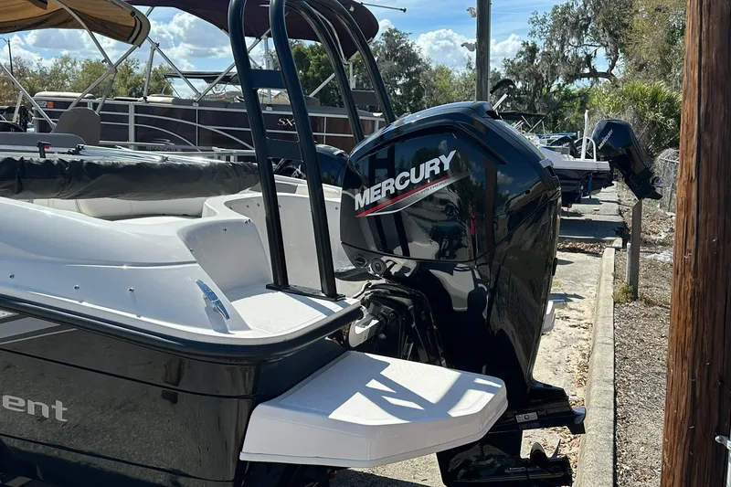 Slide: The Image of 2026 Bayliner Element E18 boat with Mercury outboard motor, docked outdoors. - 18