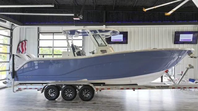 Slide: The Image of 2026 Sea Fox Commander 328 boat in a showroom. - 47