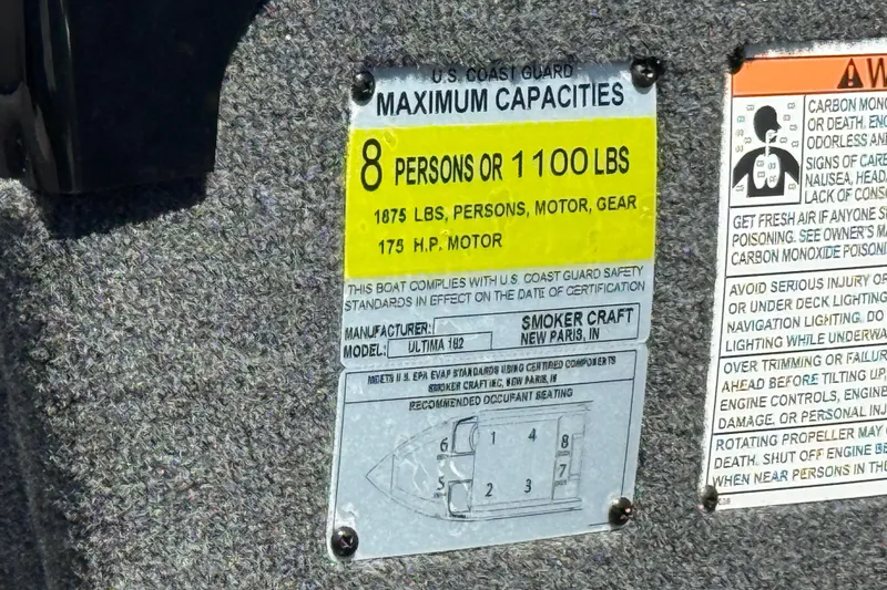 Slide: The Image of Smoker Craft Ultima 182, 2022 model, capacity label for 8 persons or 1100 lbs. - 19