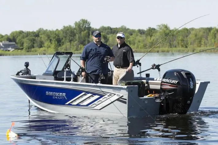 Slide: The Image of Manufacturer Provided Image: 2022 Smoker Craft Ultima 182 fishing boat on a lake with two men. - 2