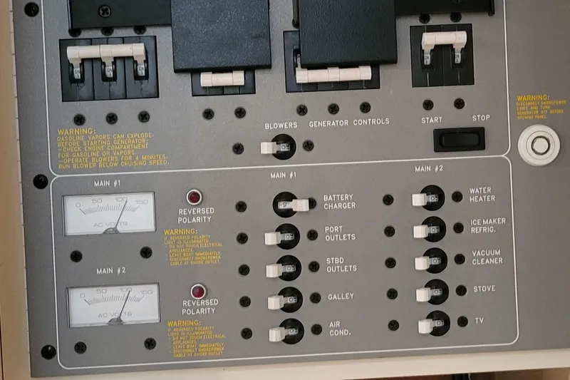 Slide: The Image of Electrical control panel of a 2002 Formula 37 Performance Cruiser with switches and warnings. - 2