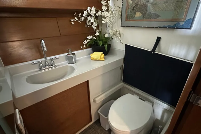 Slide: The Image of Bathroom interior of 1968 Chris-Craft 35 Commander with sink, toilet, and decorative flowers. - 12