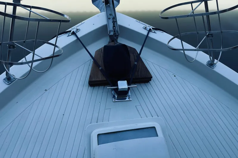 Slide: The Image of Bow of 1968 Chris-Craft 35 Commander boat with anchor and railing details. - 19