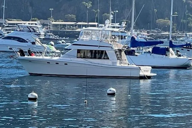 Slide: The Image of 1993 Riviera 47 Open Flybridge yacht docked in a marina, surrounded by other boats. - 2