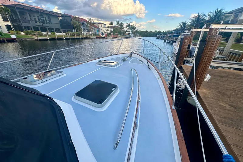 Slide: The Image of 2005 Legacy Yachts 34 Express docked by a scenic waterfront with palm trees. - 2