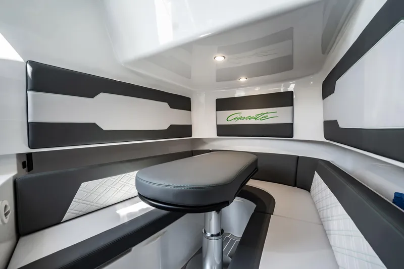 Slide: The Image of Interior of 2024 Cigarette 42' Auroris boat, featuring sleek seating and modern design. - 10
