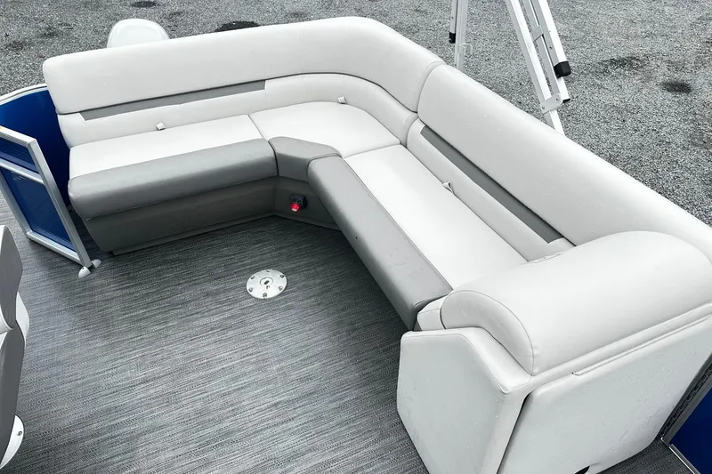 Slide: The Image of 2021 Godfrey Sweetwater 2086CX pontoon boat interior with gray and white seating. - 7