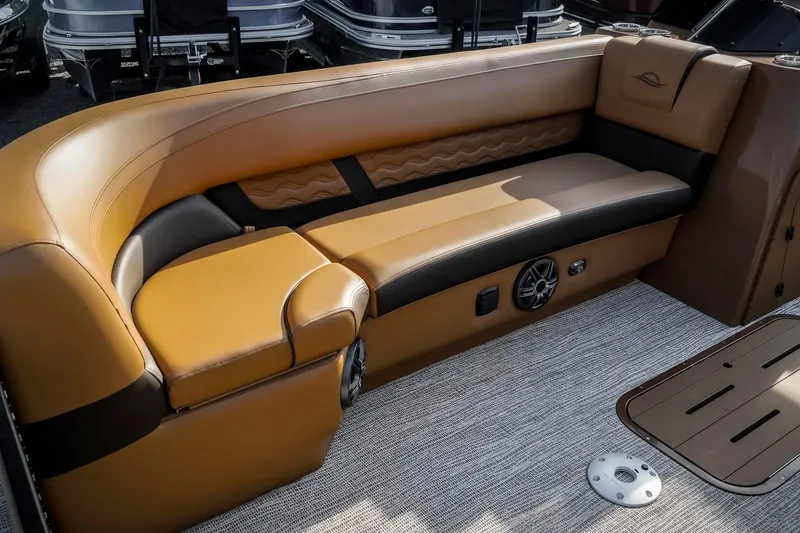 Slide: The Image of Luxurious seating on 2025 SunCatcher Fusion 324RC boat, featuring premium upholstery and modern design. - 30
