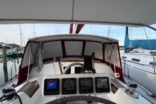 Slide: The Image of Cockpit view of a 1998 Catalina 42 sailboat with navigation instruments. - 5